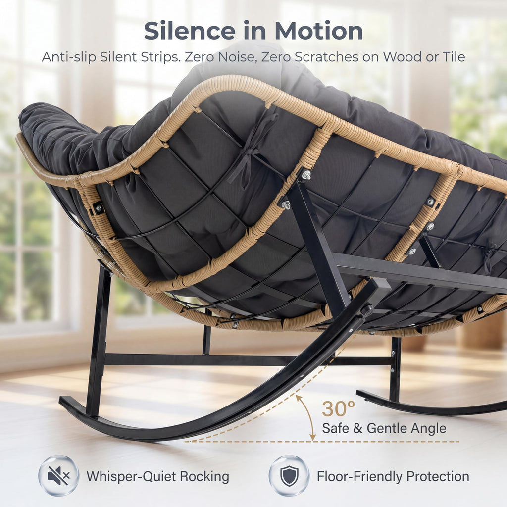 Double Wide Rocking Papasan Chair Outdoor Indoor for 2, PE Wicker Patio Rocking Chair with Cushion and Frame, Heavy