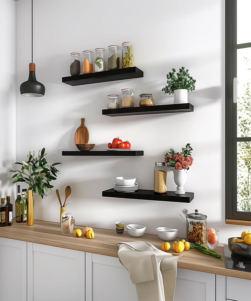 Wood Floating Shelves for Wall, Wooden Wall Shelves, Set of 6 Black 17 Inch