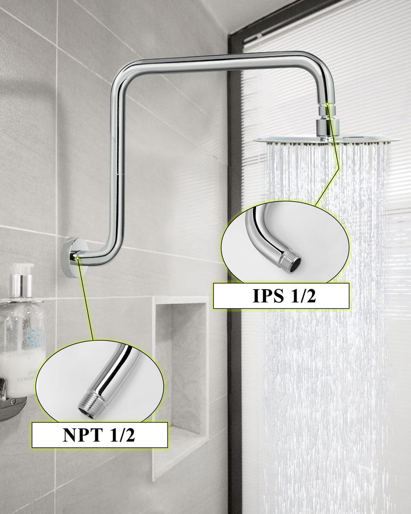 16 Inches Shower Arm Extension,S shaped Shower Arm with Flange,304 Stainless Steel High Rise Shower Head Arm