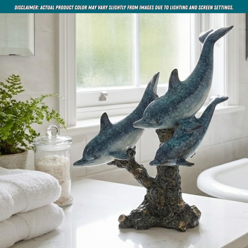 Dolphin Statue - Triple Dolphins Swimming Figurine Coastal Home Decor Tabletop Collection (Aqua)