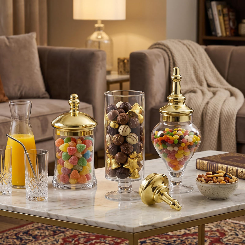 3 Piece Clear Glass Apothecary Jars with Metallic Brass Tone Lids
