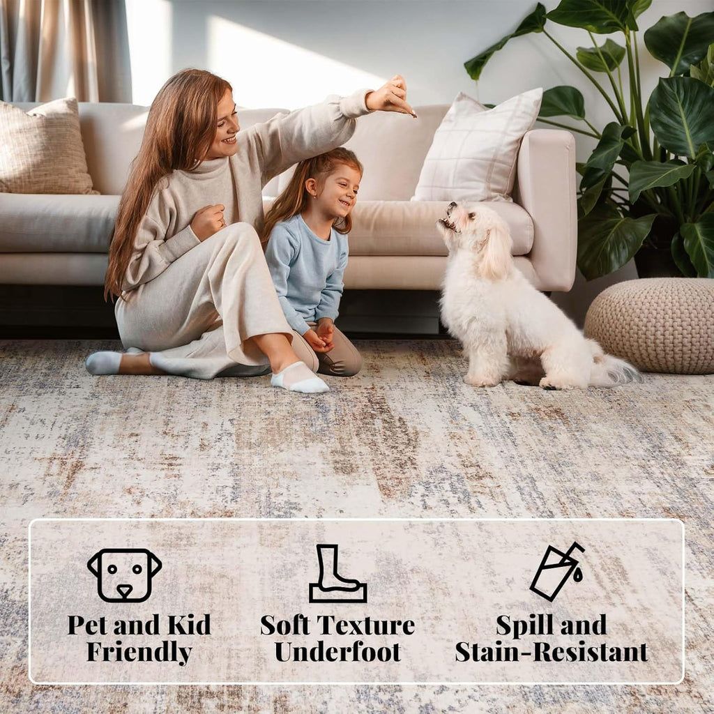 Washable Area Rug Living Room Rugs-5x7 Large Soft Non-Slip Carpet for Bedroom Dining Room Modern Abstract Neutral Low