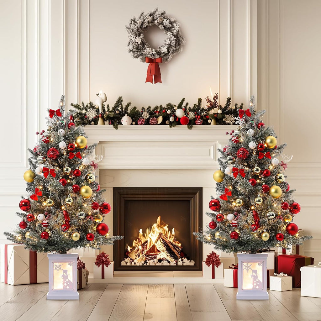 3ft Prelit Christmas Tree with 78 Warm Lights & Red Berry, Artificial Xmas Trees with Snowman Light Box Base