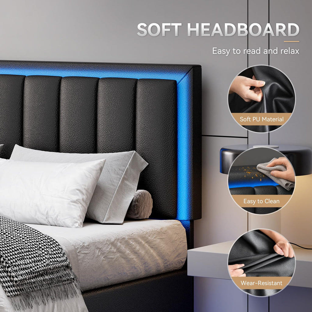 Full Size Floating Bed Frame with LED Lights, Upholstered Platform Bed with Headboard, 11 in Storage Clearance, Solid