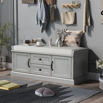 Rustic Storage Bench with 4 Doors 2 Draws Adjustable Shelves Removable Cushion Rectangular Cabinet Foot Rest Stool