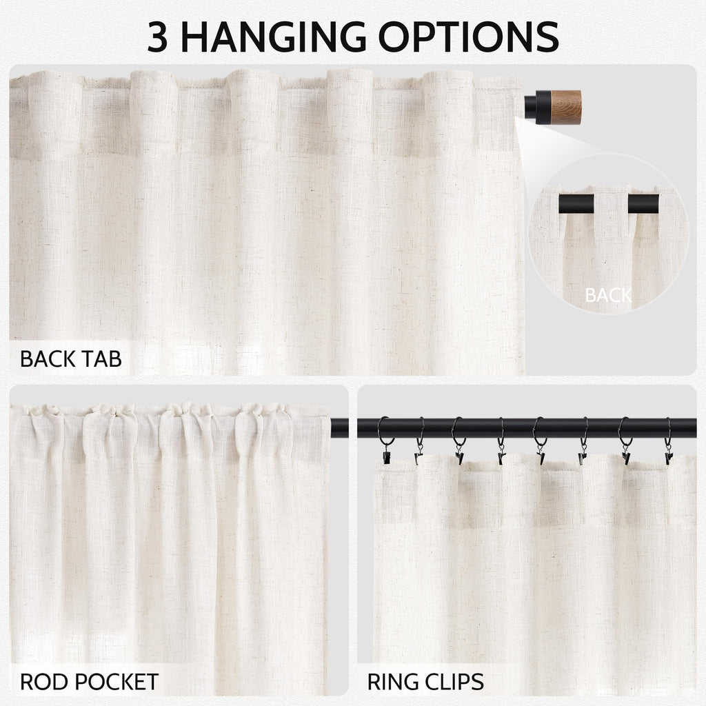 Ivory White Linen Curtains 63 Inches Long Back Tab Pocket Natural Light Filtering Privacy Translucent Ivory White