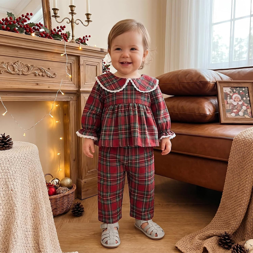 Baby Girl Peter Pan Collar Outfit Gingham Top Pants Set Fall Winter Clothes