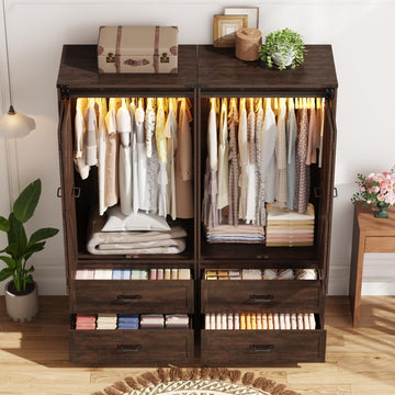 Farmhouse Wardrobe Armoire Closet with 4 Doors and 4 Drawers, Brown