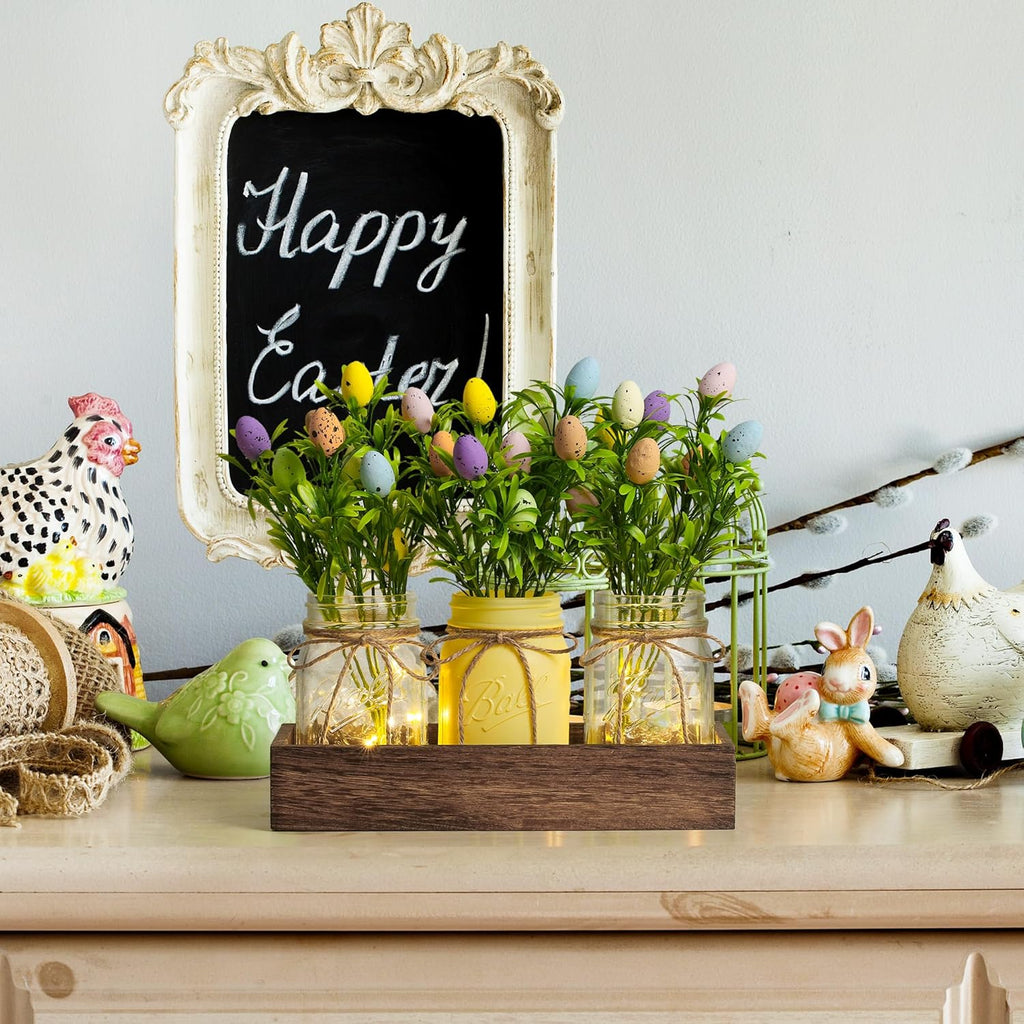 Easter Centerpiece Table Decorations for Table Runner Farmhouse Coffee Table Decor with Wood Tray and Led Light Table - Set of 3