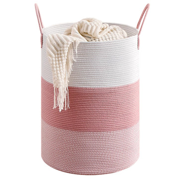 Laundry Basket Round Storage Rope Basket - 18.1x24 Inches - Pink Hamper in Bedreoom and Cute Storage Bin for