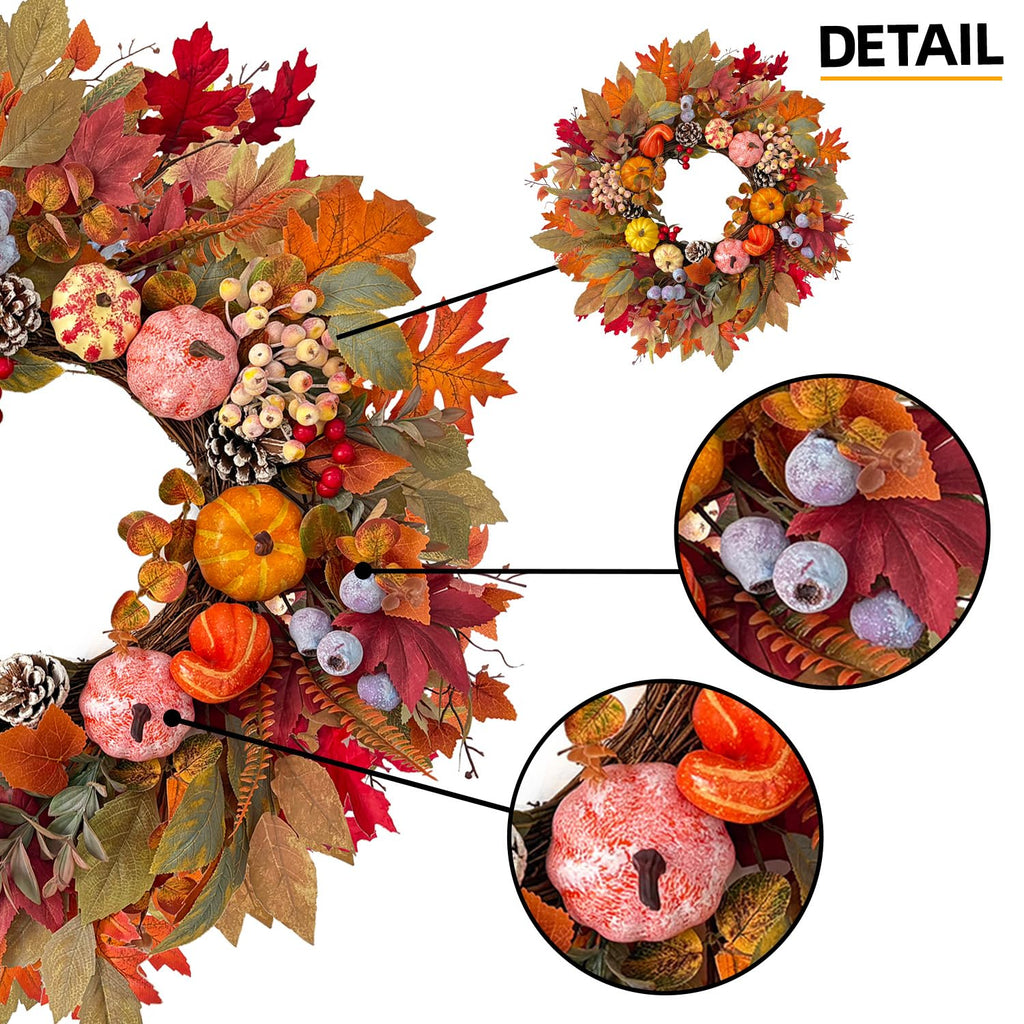 24In Fall Wreath Pumpkin Maple Berry Front Door Thanksgiving Decor