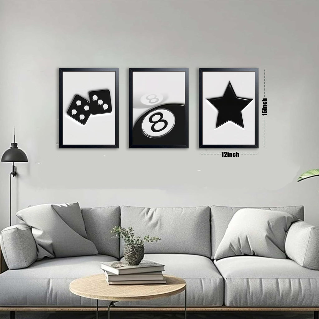 Black And White Wall Art Set of 3, Vintage Y2k Dice 8 Ball Canvas Prints Painting, Funky Lucky Preppy Posters