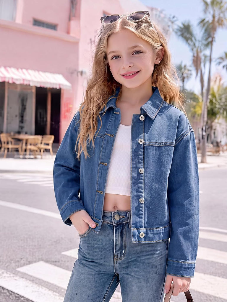 Girls Cropped Denim Jacket Front Button Collared Outerwear