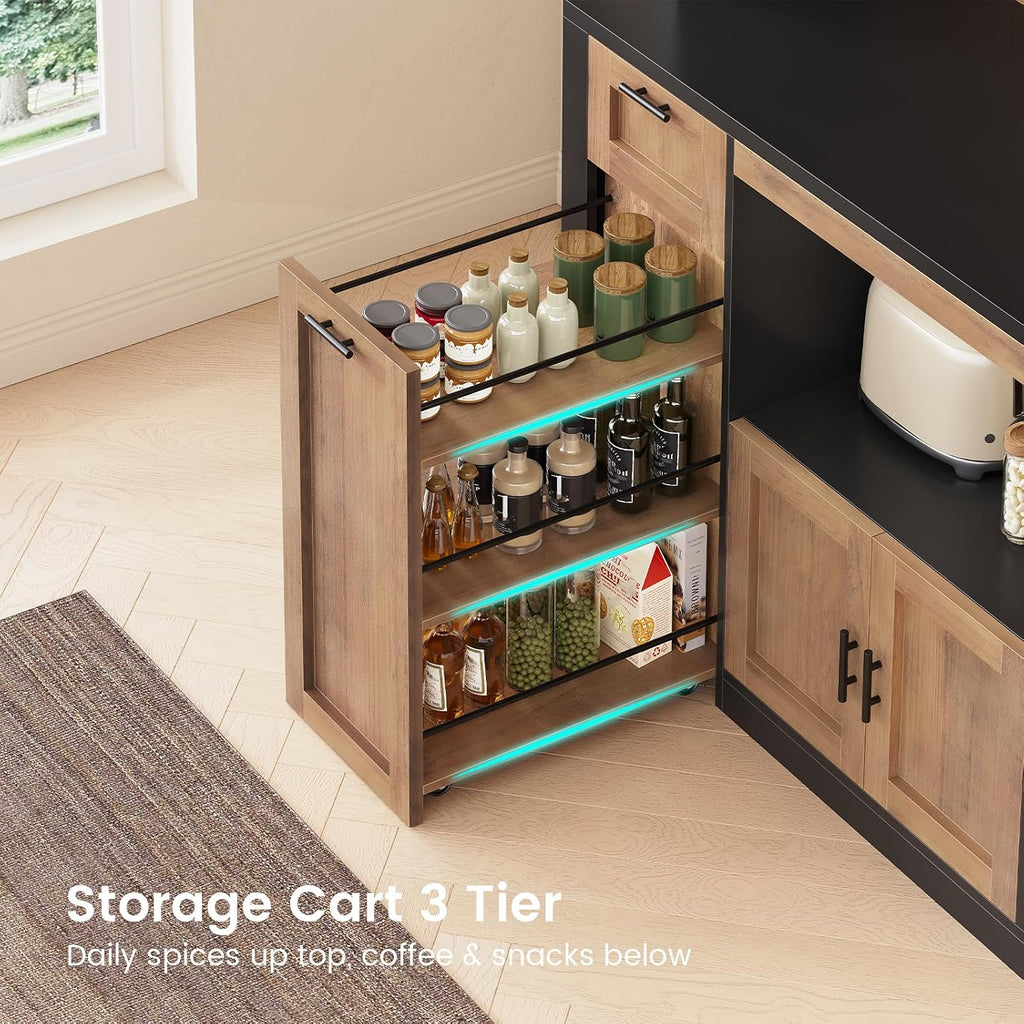 71" Pantry Cabinet with Charging Station and LED Light, Kitchen Pantry Cabinet with Microwave Stand, 47.2" Wide