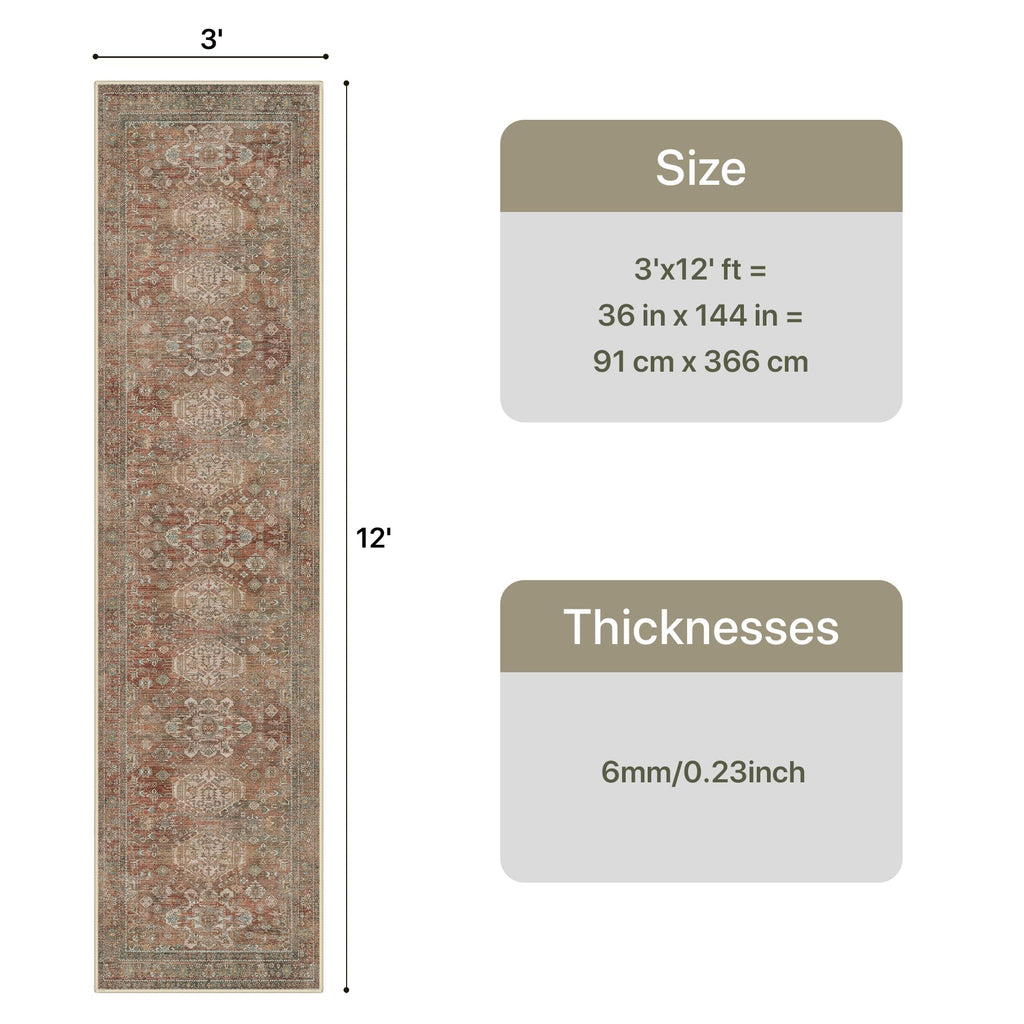 3x12 Hallway Runner Rug, Non Slip Washable, Brick