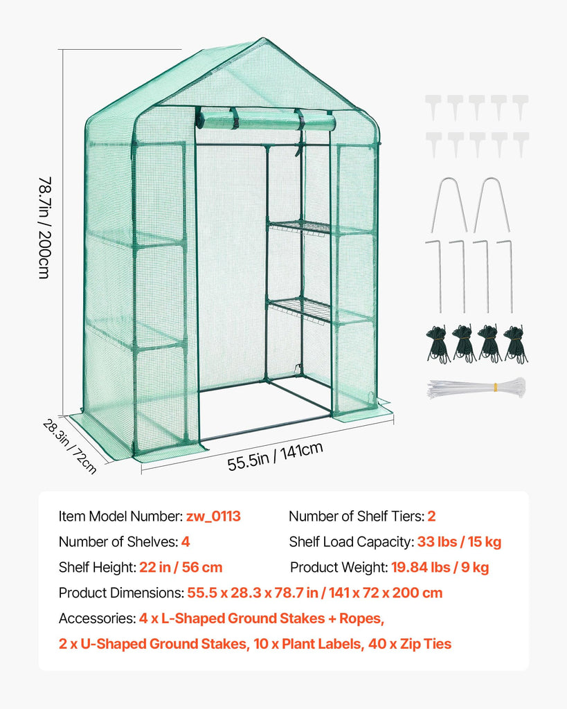 Walk-in Greenhouse, 55.5" x 28.3" x 78.7" Greenhouse for Outdoors with PE Cover, 2 Tiers 4 Shelves, Roll-Up Zipper