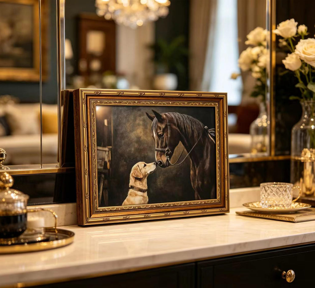 Gold Framed Vintage Horse And Dog Canvas Wall Art Rustic Farmhouse Retro Animal Landscape Painting Picture Wall Decor