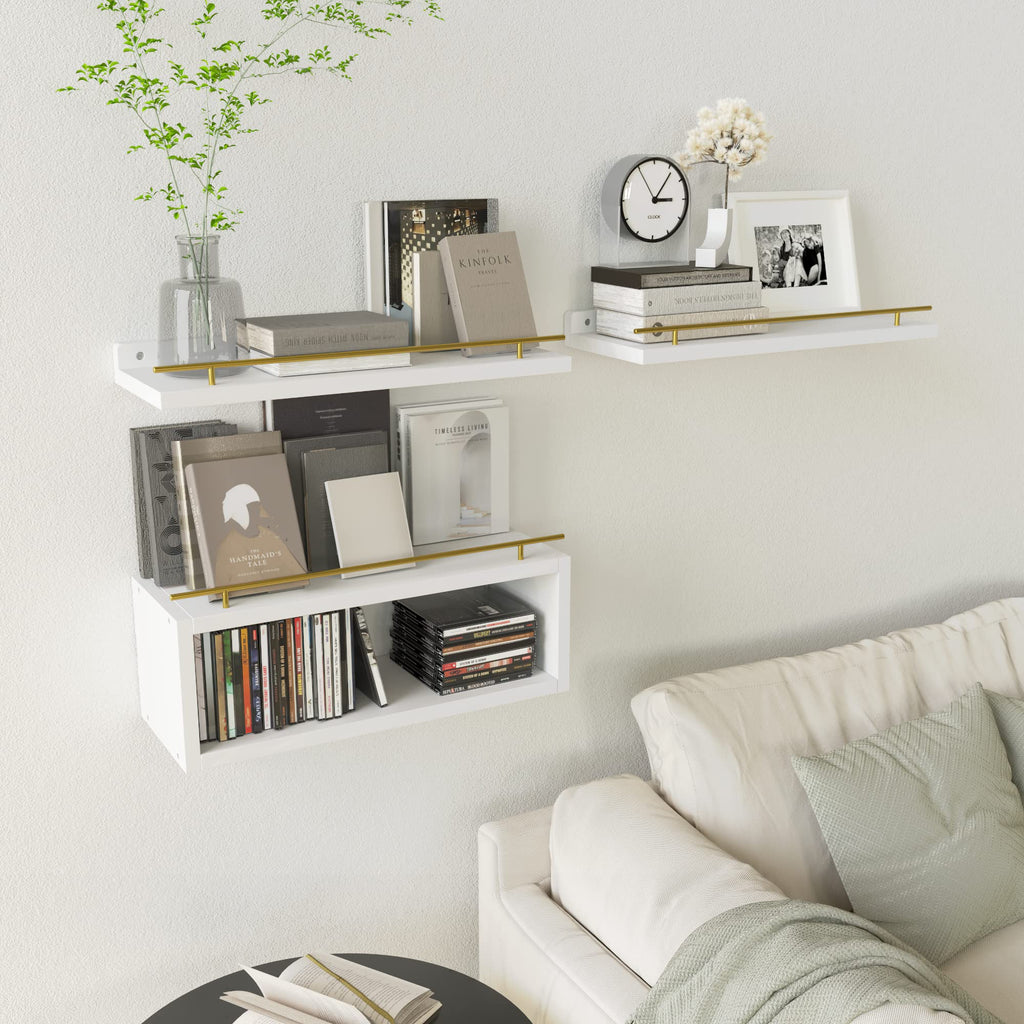 Floating Shelves for Wall with Cube Shelf, Wall Shelves with Metal Rail for Decor, Bathroom Organizers and Storage