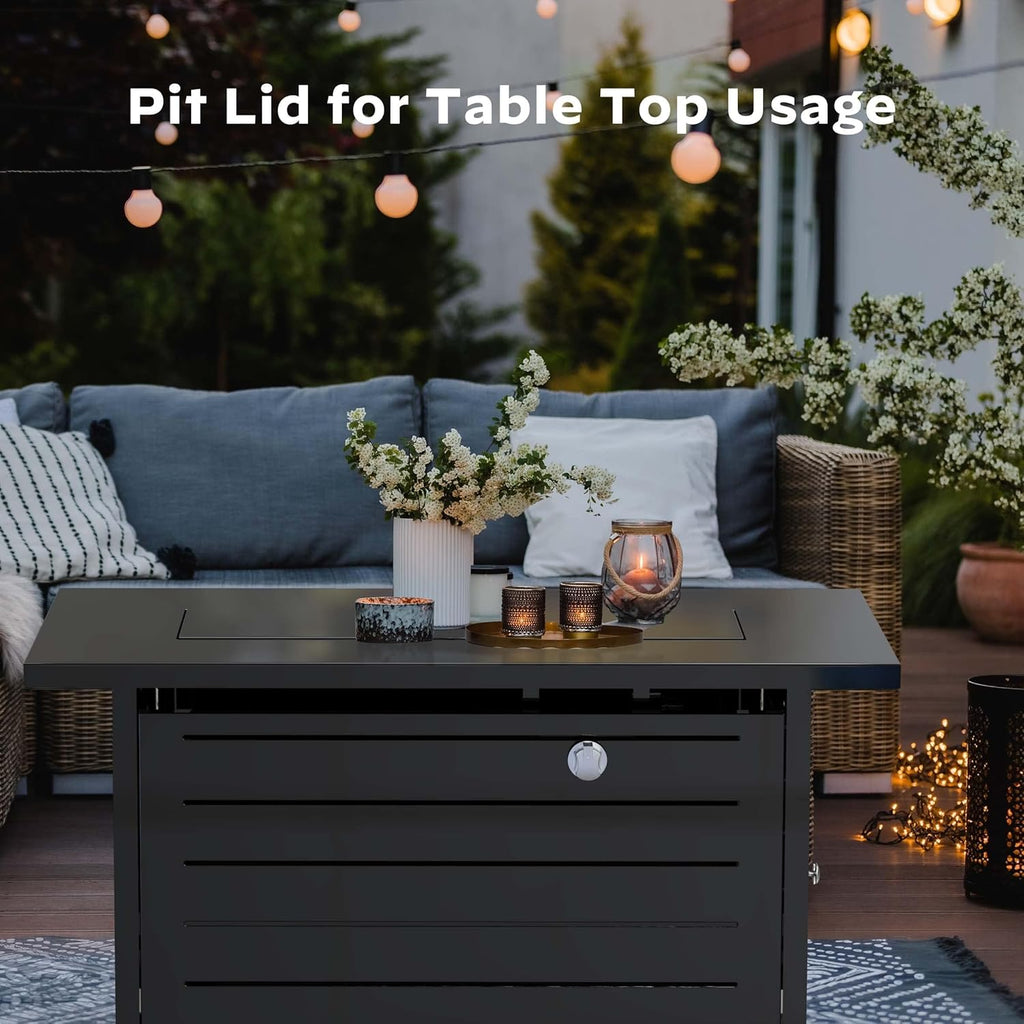 42 Inch Gas Fire Pit Table, 60,000 BTU Propane Pits for Outside with Steel Lid and Lava Rock