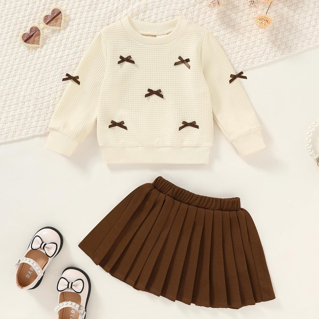 Toddler Girl Fall Winter Clothes Waffle Knit Sweatshirt Pleated Skirt Set