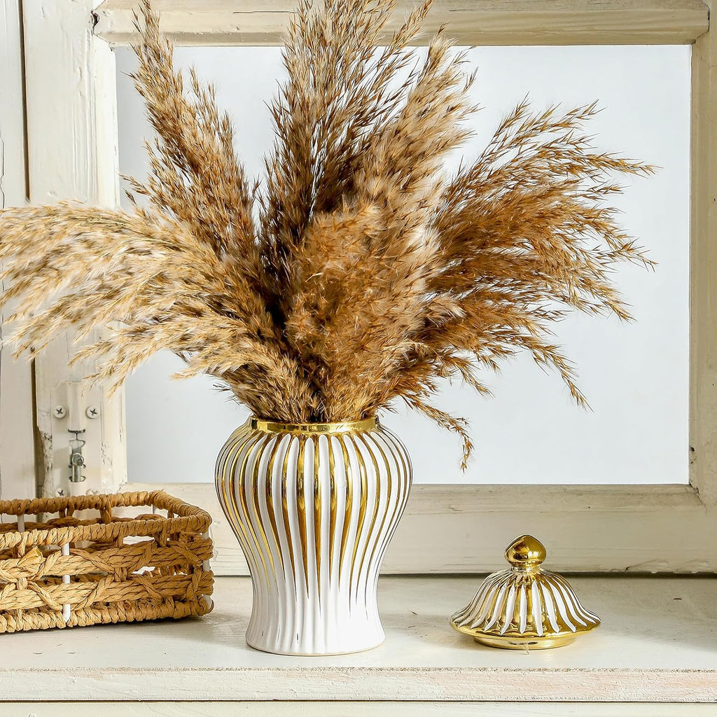 Ginger Jar, Small White Gold Vase for Decor Decor, Modern Handmade Decorative Flower Vase, Ceramic Ginger jar