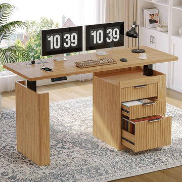 55" Electric Standing Desk with File Cabinet & Storage, Oak Brown | Height Adjustable Computer Desk with 3 Drawers