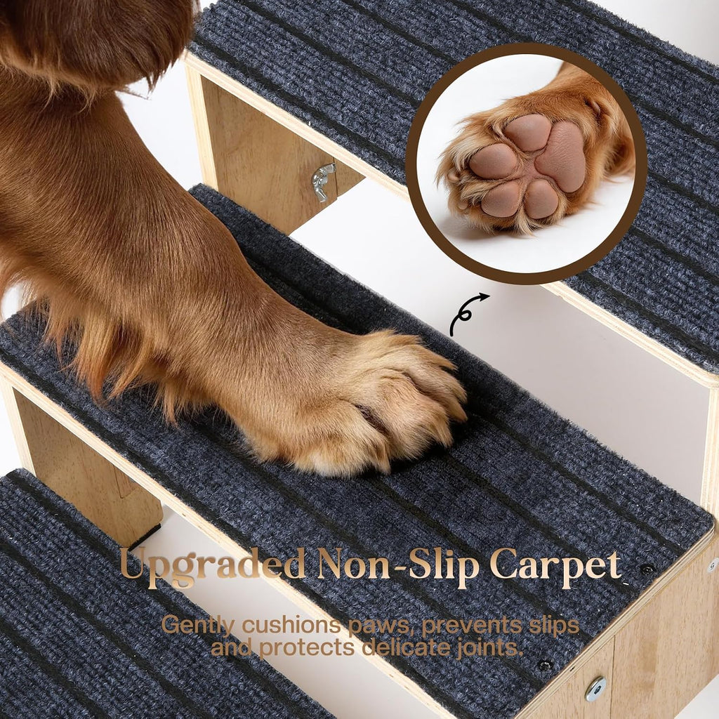4-Step Wooden Dog Steps for Bed, Anti-Slip Dog Stairs with Carpet Pads, 23.6 Inches Pet Ramp for Dogs to Get on Bed