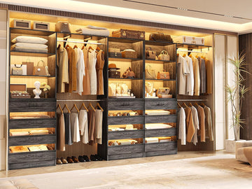 Closet System with 12 Drawers, 138.5" Wood Closet Organizer System with 4 Hanging Rods & Top Shelves, 6.7+4.85Ft L