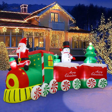 11 FT Christmas Inflatable Train Decoration with Santa Claus, Red & Green, Multicolor LED Lights, Weather Resistant