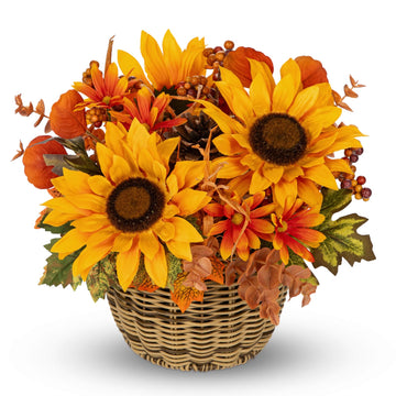 9.8" Artificial Sunflower Fall Centerpiece Arrangement in Woven Basket