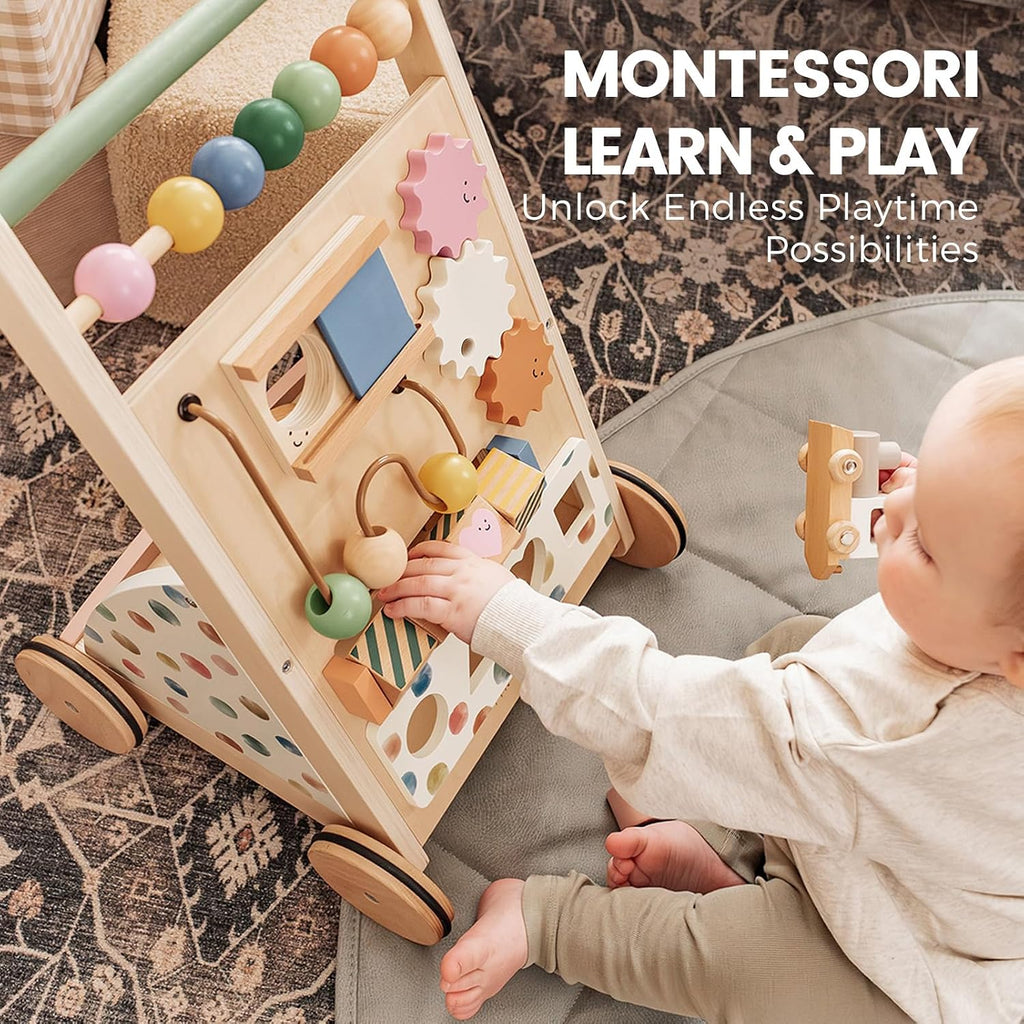Land Wooden Baby Walker with Activity Center, Montessori Push Walker