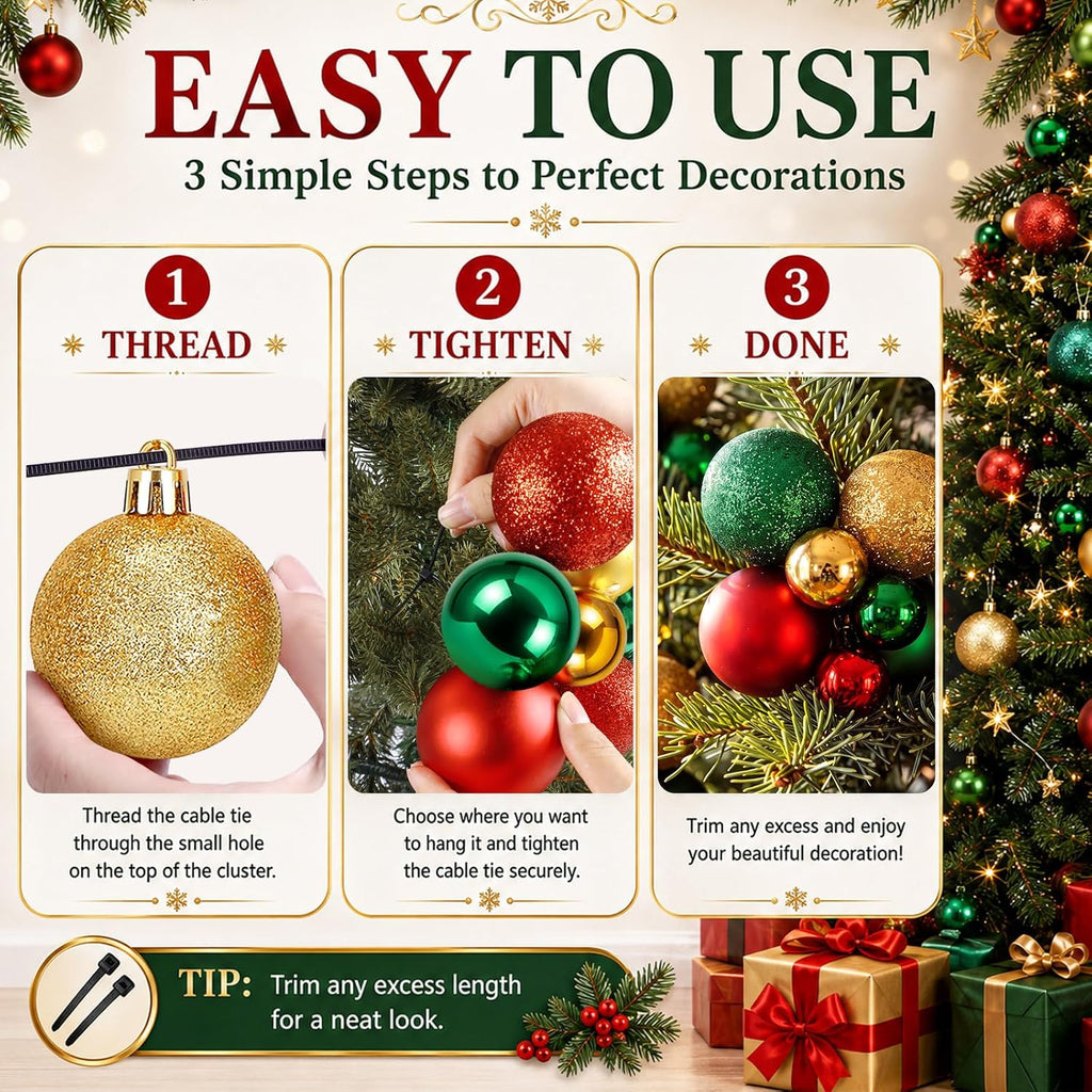 100 Pcs Red Green Gold Christmas Balls Cluster Ornament Decor & Ties