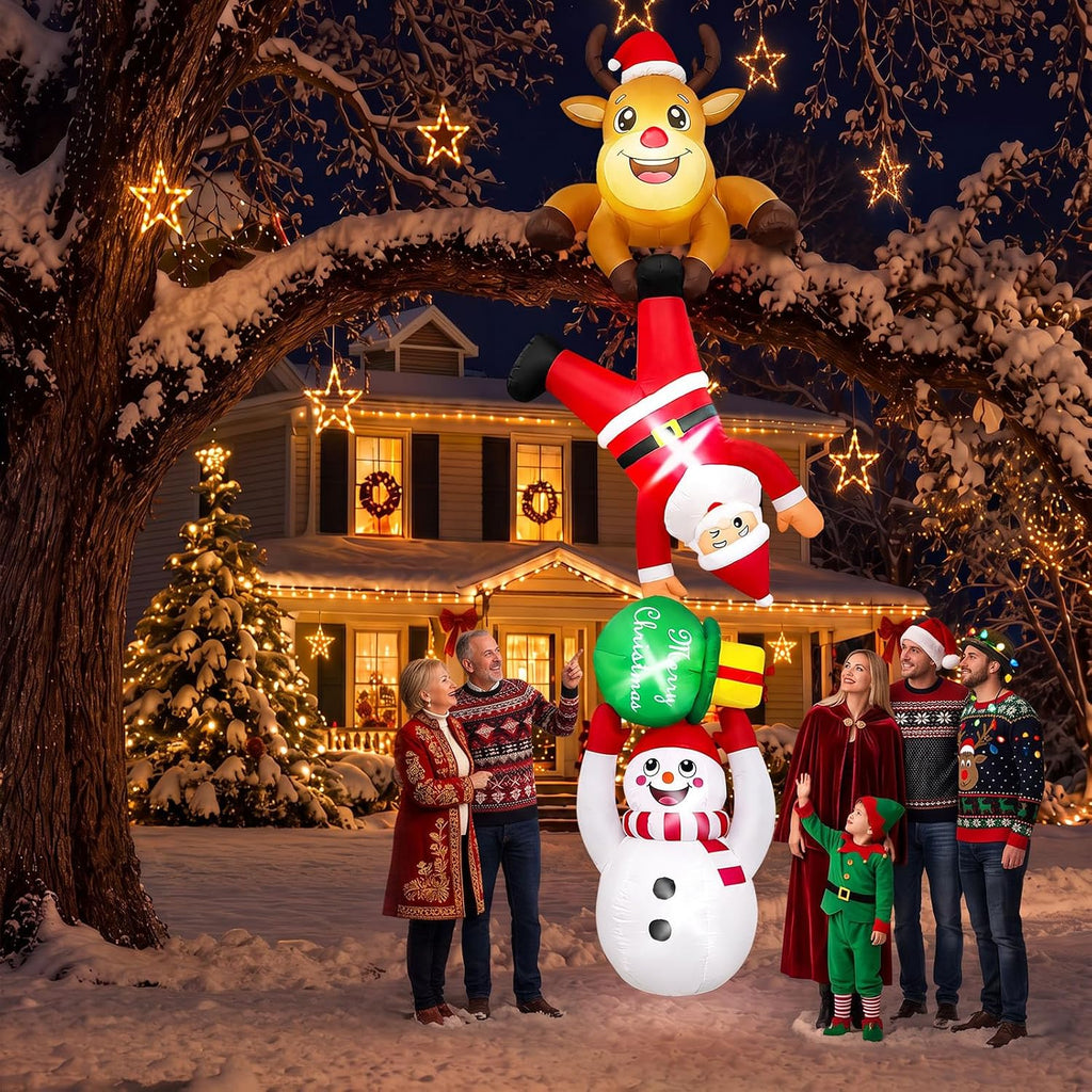 12FT Hanging Christmas Inflatable Outdoor Decorations Funny Santa & Snowman