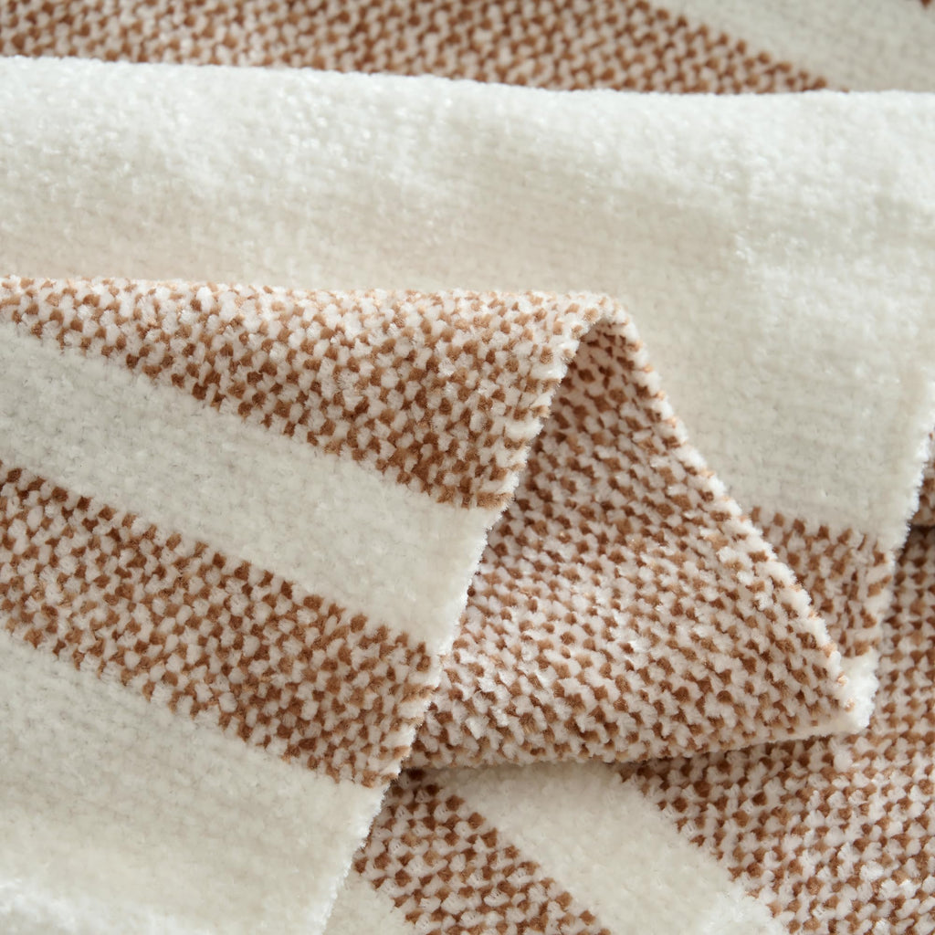 Chenille Throw Blanket with Knotted Tassels 50x60, Tan Stripe