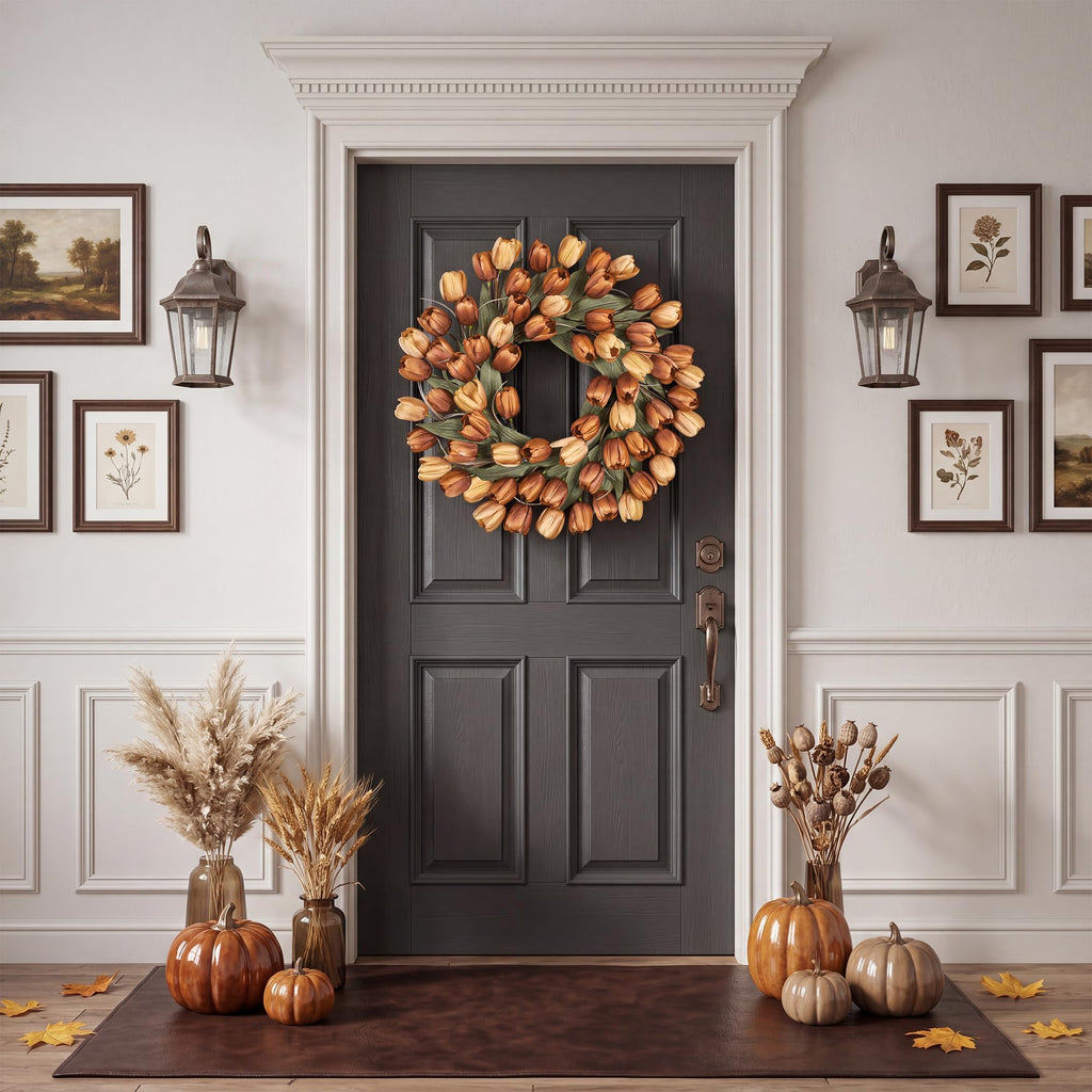 24" Tulip Fall Wreath for Front Door Real Touch Fade-Resistant