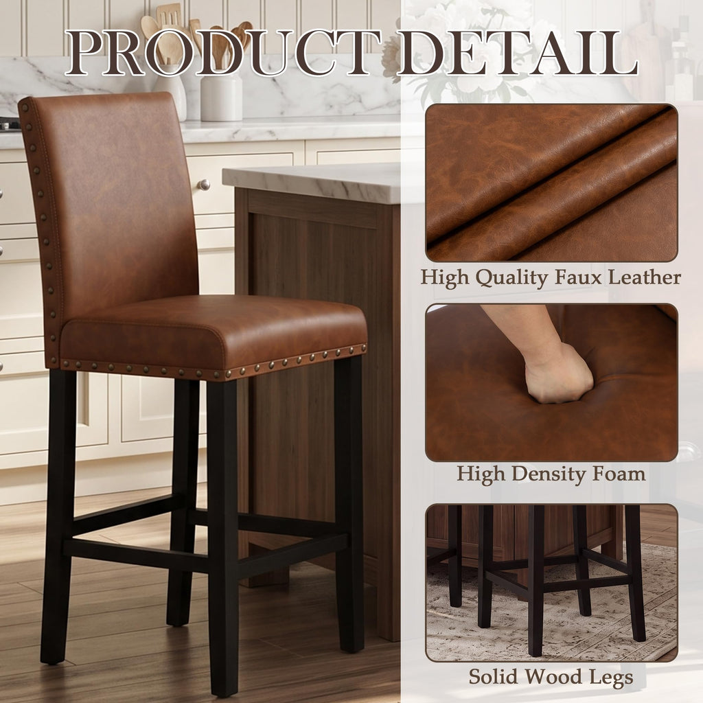Upholstered Counter Stool, 24" Seat Height, Solid Wood Frame, 300 lbs Cap, PU Leather or Fabric, Nailhead Trim