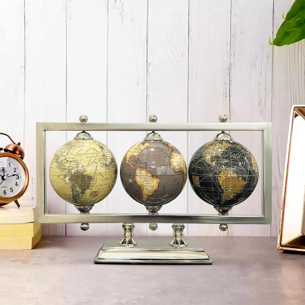 4'' World Globes Sturdy Metal Silver Stand Rotating Desktop Globe For Geographic Home Decorative Desk Table - Set of 3