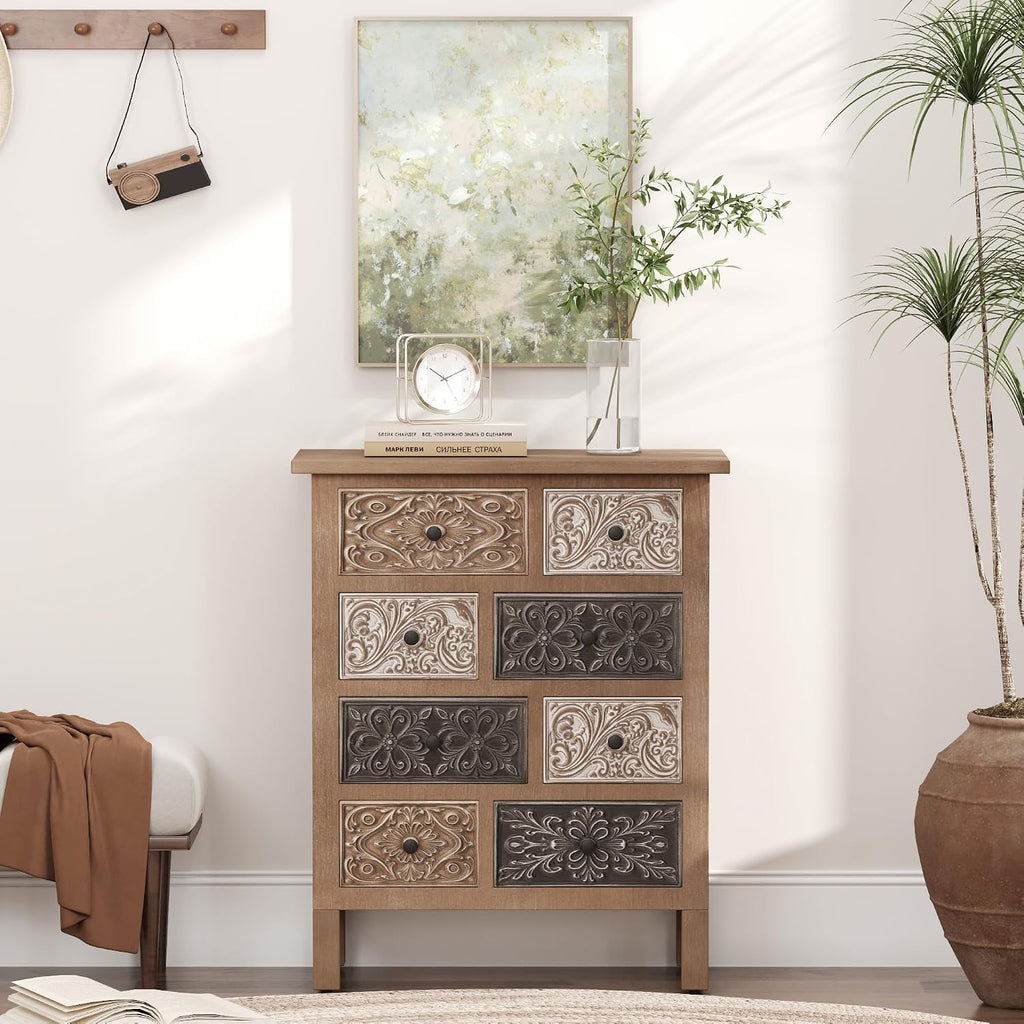 32'' Tall Wood Storage Cabinet with Drawers, Vintage Cabinet with Drawers, Freestanding Carved Accent Cabinet