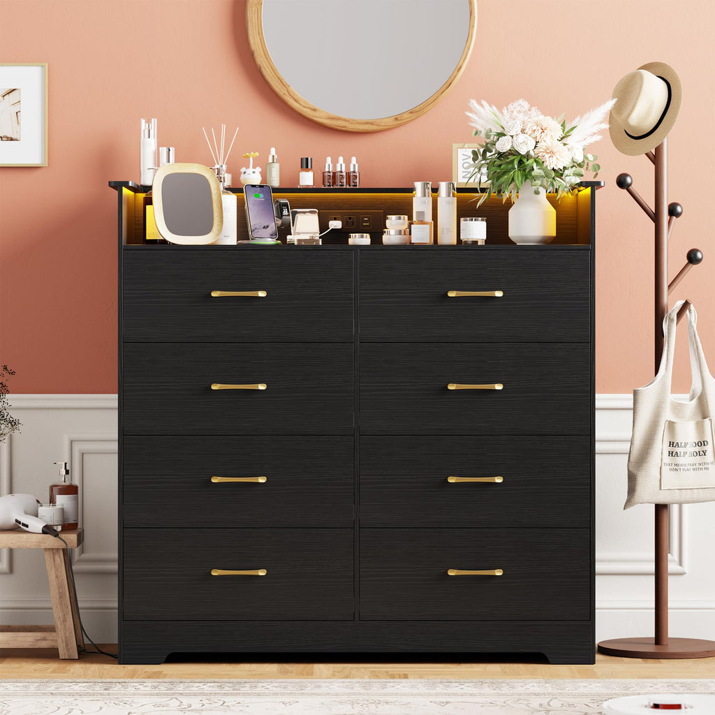 8 Drawer Dresser with LED Light and Charging Station, Black