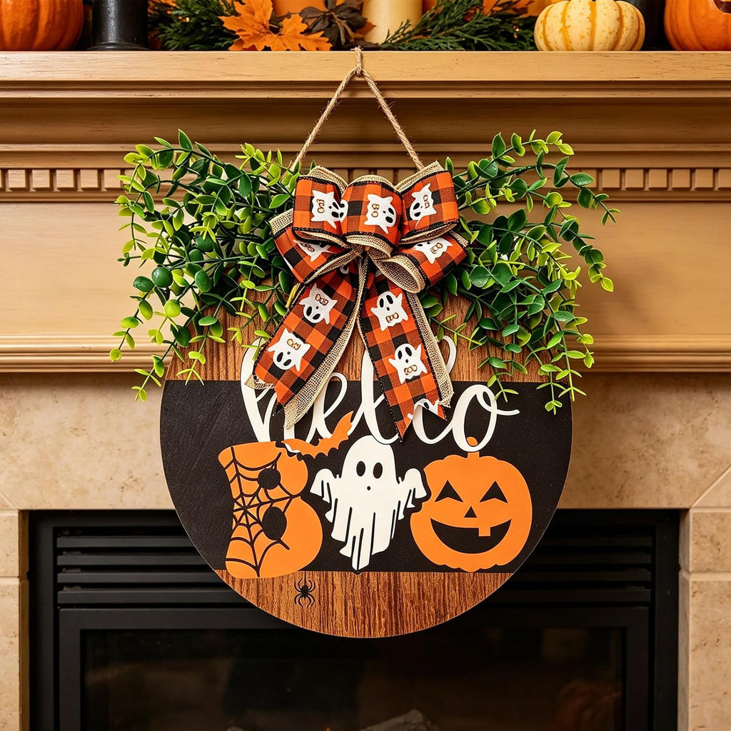 Halloween Boo Wreath Round Decorative Sign with Ghost and Pumpkin