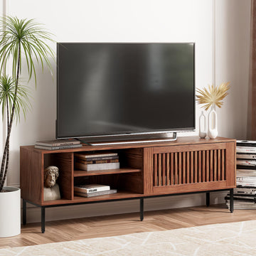 Farmhouse TV Stand for 65-70 Inch TVs with Sliding Barn Door, Rustic Brown