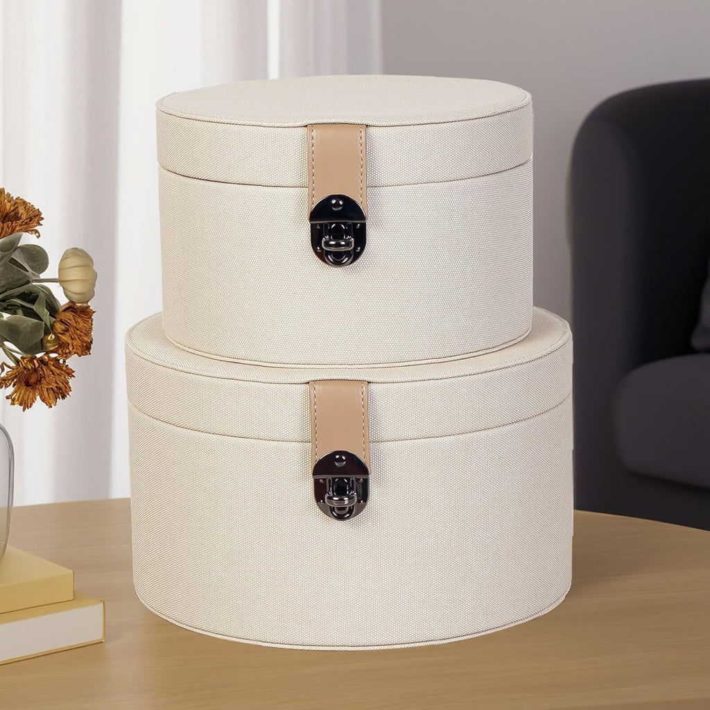 Round White Faux Leather Decorative Boxes with Lid Decor - Set of 2
