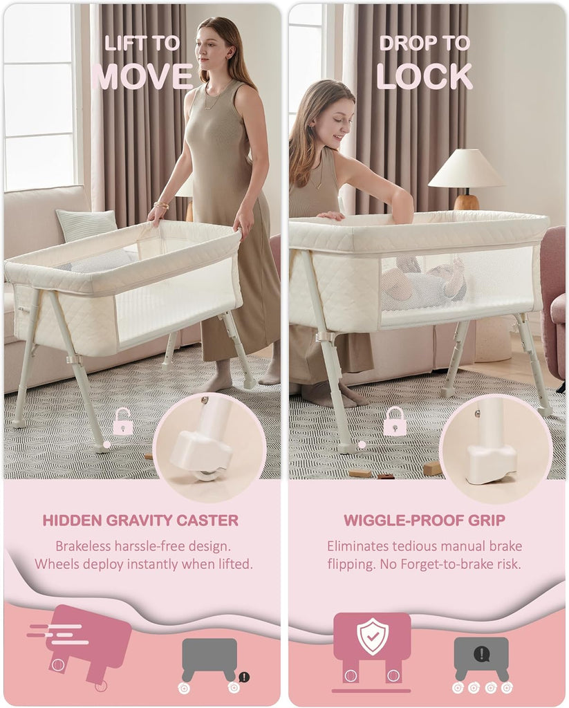 Bassinet Bedside Sleeper for Baby, 2 in 1 Baby Crib for Newborn, Bedside Bassinet with 4 Auto-Lock Wheels &