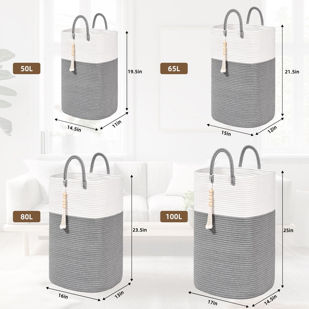 Woven Laundry Basket for Clothes, 65L Large Rectangle Laundry Hampers with Beads Tassel, Nursery Storage Basket for
