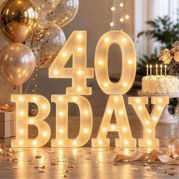 40th Birthday Decorations for Women and Men - 6 LED Long Marquee Light Up Letters '40 BDAY' for Party Decor