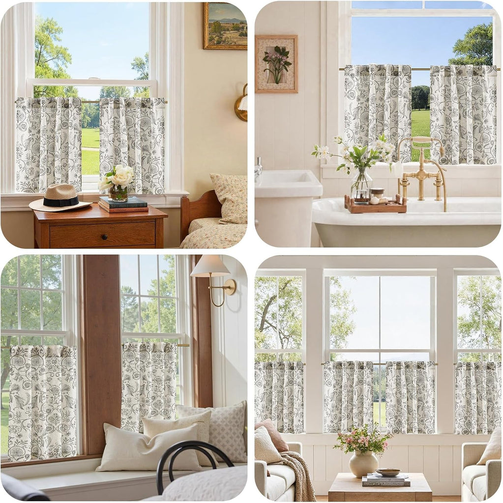 Floral Linen Kitchen Tier Curtains Butterfly 36 Inch 2 Panels Blue