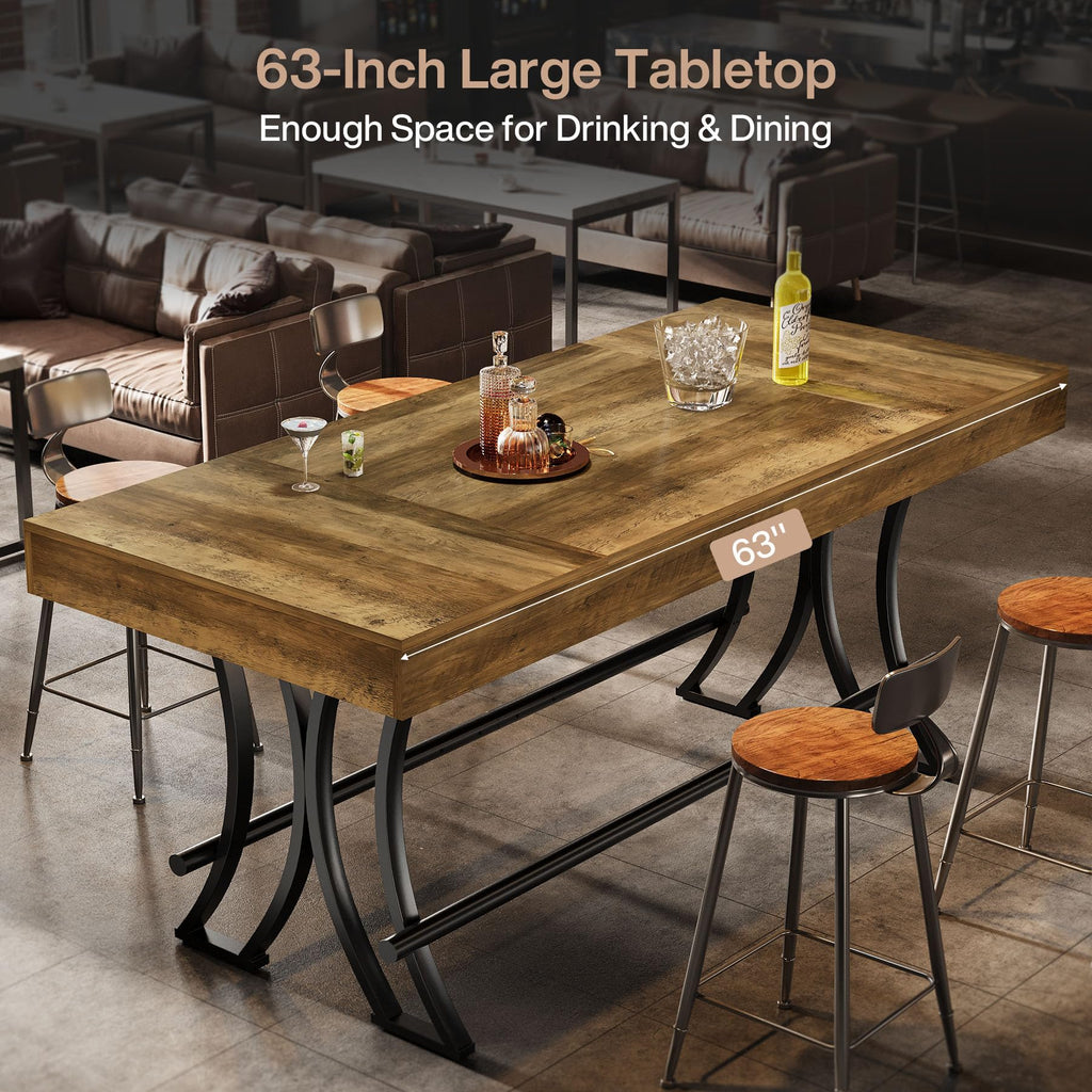 63" Counter Height Bar Table with Metal Footrest, Rectangular Tall Kitchen Dining Pub Table, Industrial Home Bar Unit