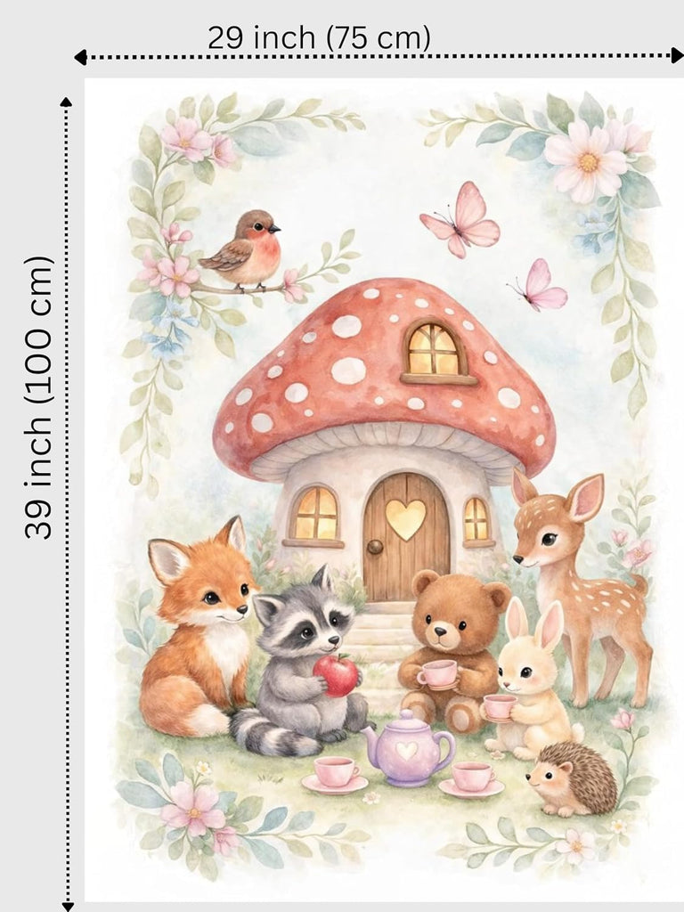 Woodland Tea Party Fabric Panel, Forest Animals Nursery Quilt Panel, Cotton Sateen (29 x 39 Inches)