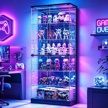 6-Tier Tall Glass Display Cabinet with RGB Lights for Collectibles | 71" Lockable Curio Cabinet,Glass Door,Display