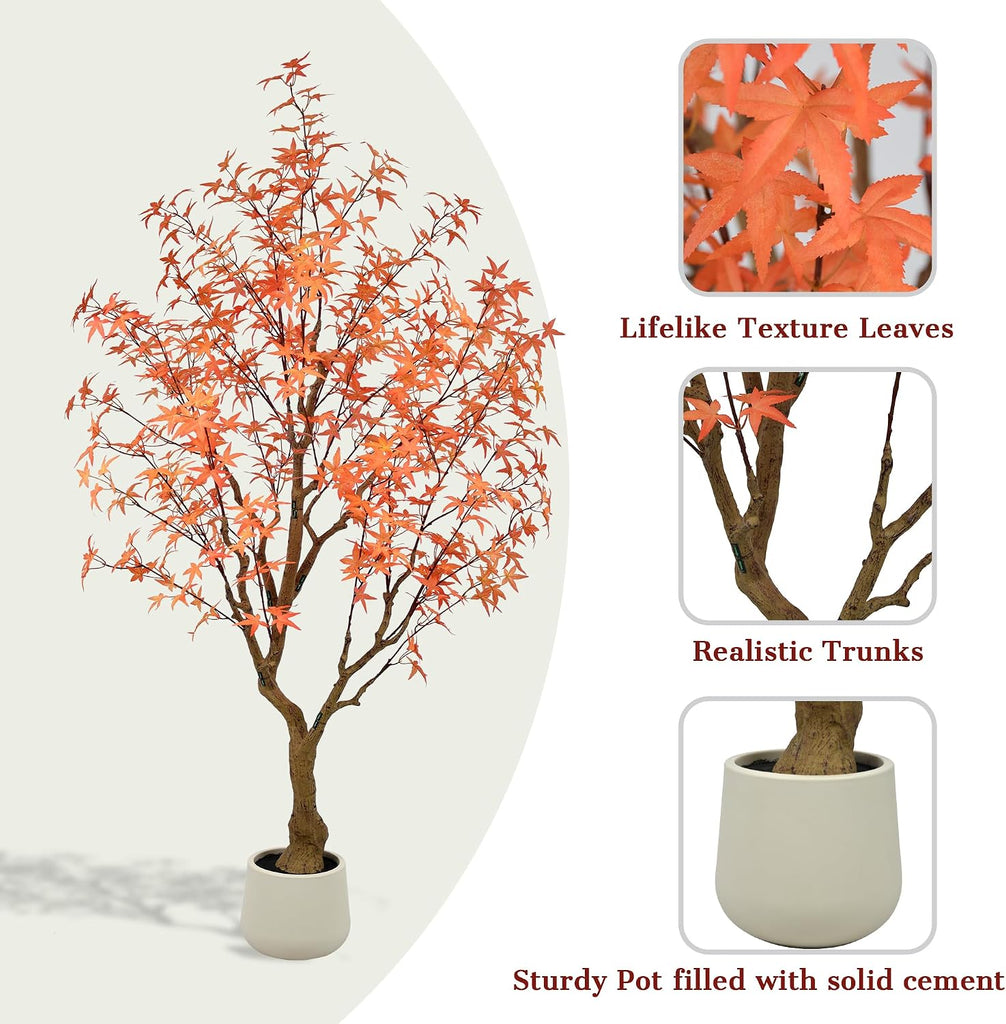 Maple Tree 6.5FT - Large Faux Plants Indoor with 504 Orange Leaves & Realistic Trunk, 78" Tall Fake Autumn Maple Tree